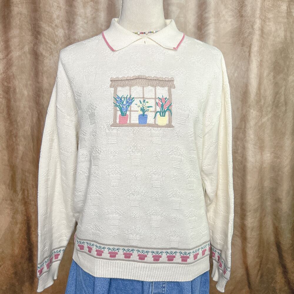 Vintage 90s Embroidered Plant Windowsill Sweater Collared White Knit Garden Boho